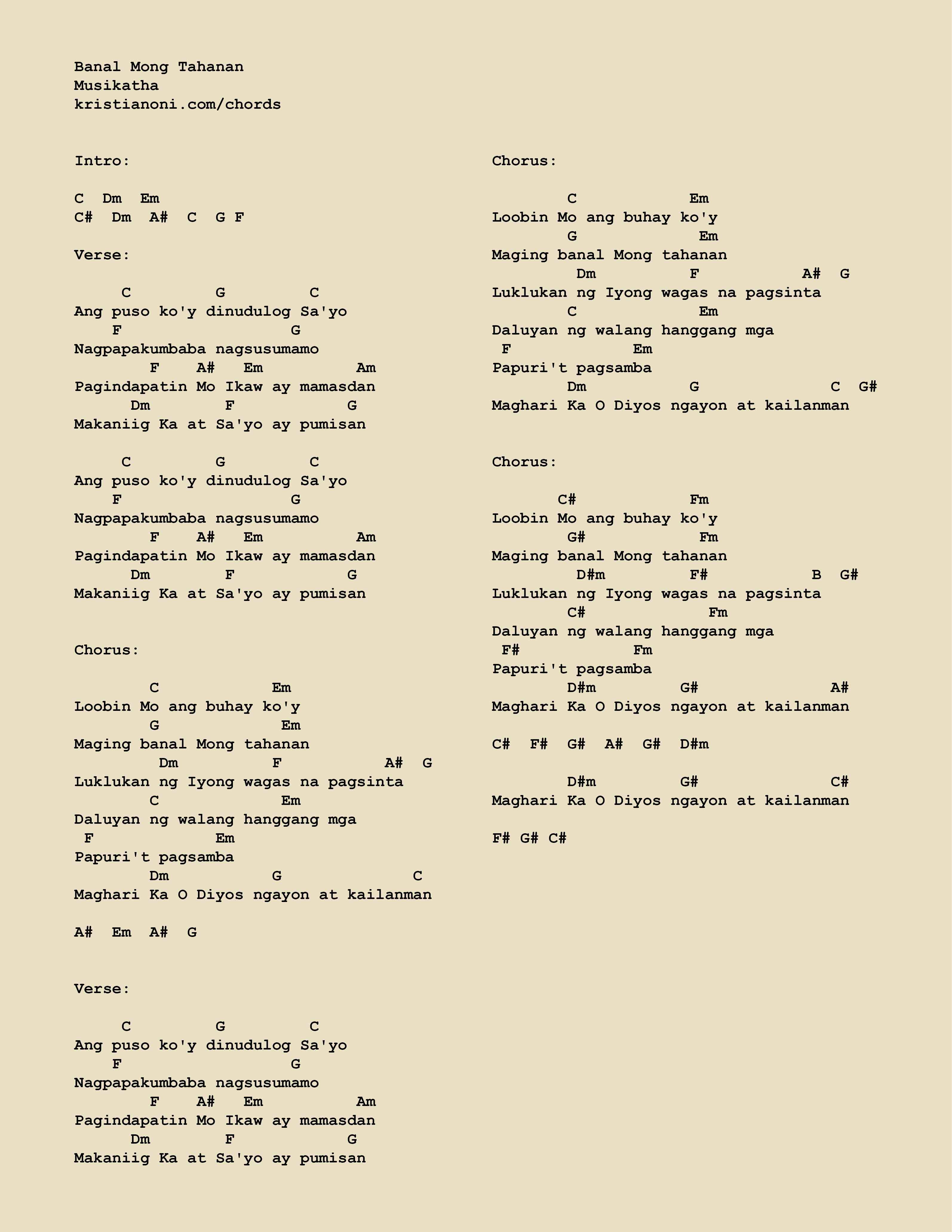 Banal Mong Tahanan Chords Musikatha